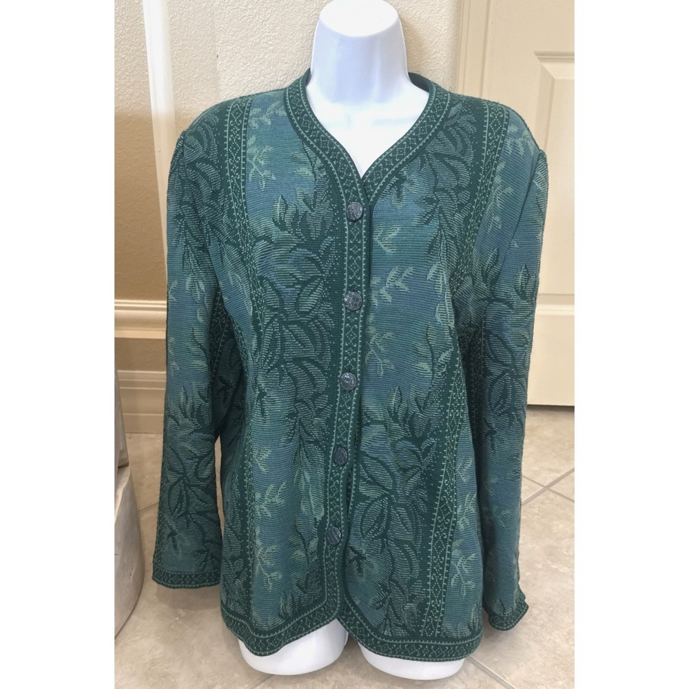 VTG Devernois Paris Green Floral Button Up Sweater Cardigan Wool Blend Sz 18